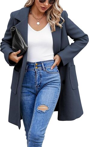 ECOWISH Women Coat Trench Jacket - Winter Long Peacoat Fall Mid-Length Lapel Cardigan Overcoat with Pockets in Kuwait