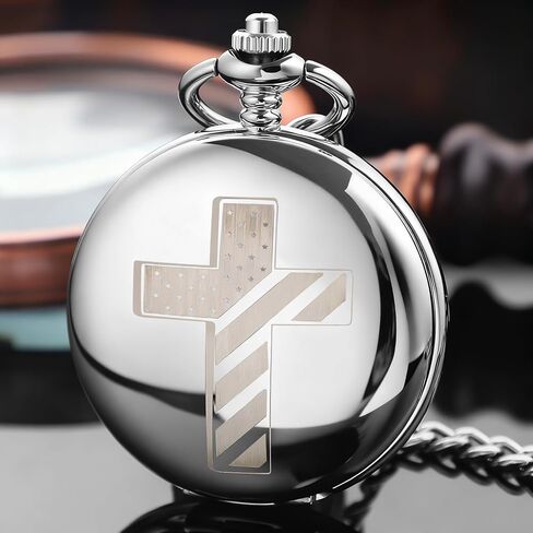Bible Verse Pocket Watch Vintage Mechanical Pocket Watches Cross American Flag Pattern with Chain Christmas Graduation Birthday Gifts Father's Day in Saudi Arabia