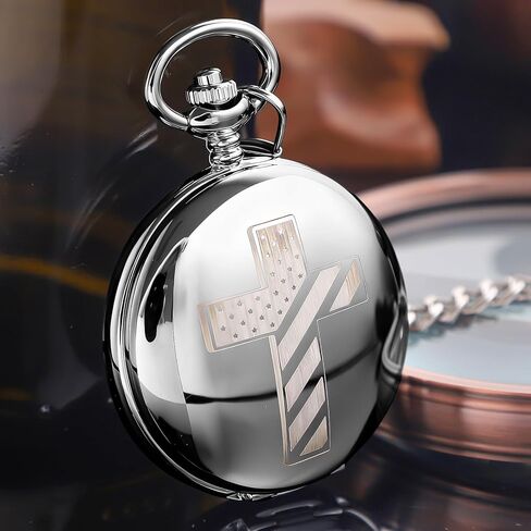 Bible Verse Pocket Watch Vintage Mechanical Pocket Watches Cross American Flag Pattern with Chain Christmas Graduation Birthday Gifts Father's Day in Saudi Arabia