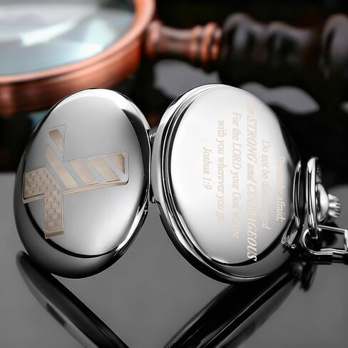 Bible Verse Pocket Watch Vintage Mechanical Pocket Watches Cross American Flag Pattern with Chain Christmas Graduation Birthday Gifts Father's Day in Saudi Arabia