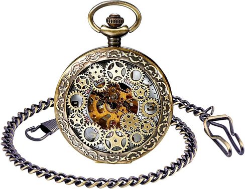 ساعة جيب ميكانيكية للرجال من Unendlich U، ساعة جيب كلاسيكية، سلسلة Steampunk Gears هيكل عظمي بأرقام رومانية، هيكل أسود من الفولاذ المقاوم للصدأ للرجال والنساء in Kuwait
