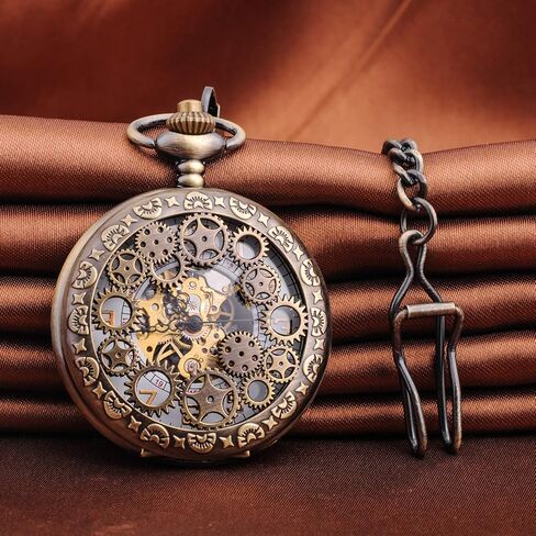 ساعة جيب ميكانيكية للرجال من Unendlich U، ساعة جيب كلاسيكية، سلسلة Steampunk Gears هيكل عظمي بأرقام رومانية، هيكل أسود من الفولاذ المقاوم للصدأ للرجال والنساء in Kuwait