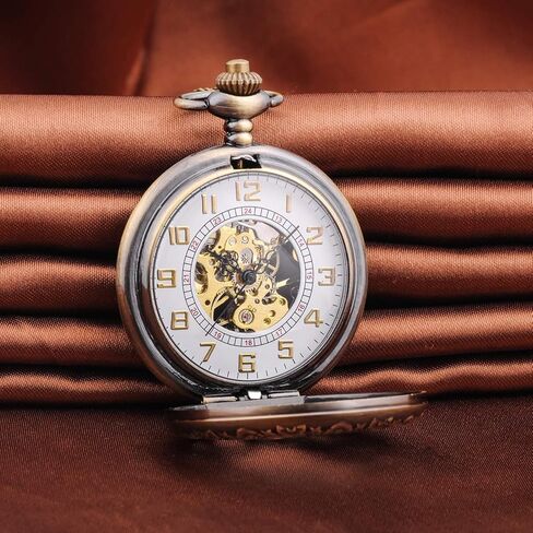 ساعة جيب ميكانيكية للرجال من Unendlich U، ساعة جيب كلاسيكية، سلسلة Steampunk Gears هيكل عظمي بأرقام رومانية، هيكل أسود من الفولاذ المقاوم للصدأ للرجال والنساء in Kuwait