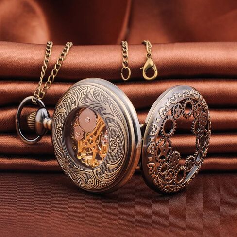 ساعة جيب ميكانيكية للرجال من Unendlich U، ساعة جيب كلاسيكية، سلسلة Steampunk Gears هيكل عظمي بأرقام رومانية، هيكل أسود من الفولاذ المقاوم للصدأ للرجال والنساء in Kuwait