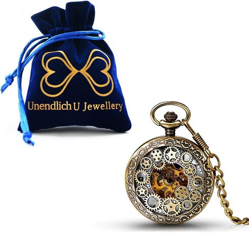 ساعة جيب ميكانيكية للرجال من Unendlich U، ساعة جيب كلاسيكية، سلسلة Steampunk Gears هيكل عظمي بأرقام رومانية، هيكل أسود من الفولاذ المقاوم للصدأ للرجال والنساء in Kuwait