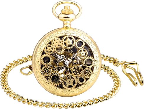 ساعة جيب ميكانيكية للرجال من Unendlich U، ساعة جيب كلاسيكية، سلسلة Steampunk Gears هيكل عظمي بأرقام رومانية، هيكل أسود من الفولاذ المقاوم للصدأ للرجال والنساء in Kuwait