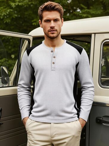 Men’s Long-Sleeve Henley Shirt, Ribbed Fabric with Contrast Panels & Button Placket for Daily Wear, Casual Outings in Saudi Arabia