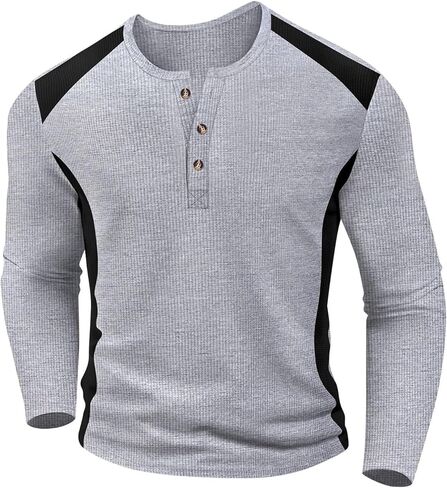 Men’s Long-Sleeve Henley Shirt, Ribbed Fabric with Contrast Panels & Button Placket for Daily Wear, Casual Outings in Saudi Arabia