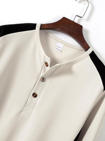 Men’s Long-Sleeve Henley Shirt, Ribbed Fabric with Contrast Panels & Button Placket for Daily Wear, Casual Outings in Saudi Arabia