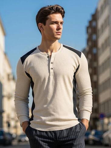 Men’s Long-Sleeve Henley Shirt, Ribbed Fabric with Contrast Panels & Button Placket for Daily Wear, Casual Outings in Saudi Arabia