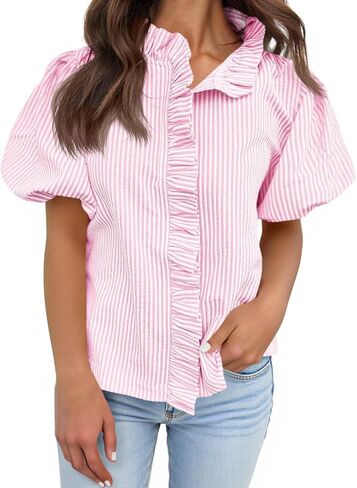 Tankaneo Womens Short Puff Sleeve Button Down Shirts Summer Ruffle Striped Work Tops Stand Collar Trendy Casual Loose Blouse in Saudi Arabia