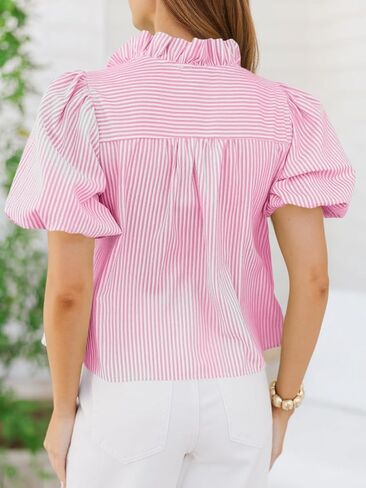 Tankaneo Womens Short Puff Sleeve Button Down Shirts Summer Ruffle Striped Work Tops Stand Collar Trendy Casual Loose Blouse in Saudi Arabia