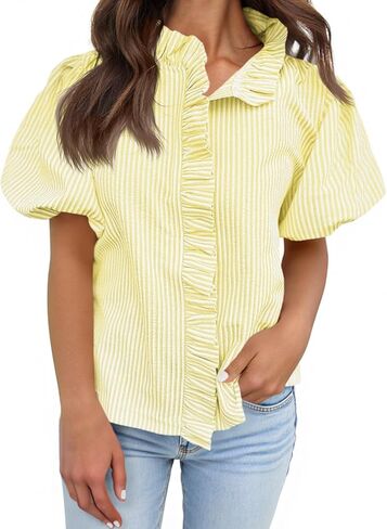 Tankaneo Womens Short Puff Sleeve Button Down Shirts Summer Ruffle Striped Work Tops Stand Collar Trendy Casual Loose Blouse in Saudi Arabia