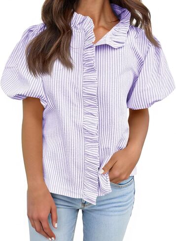 Tankaneo Womens Short Puff Sleeve Button Down Shirts Summer Ruffle Striped Work Tops Stand Collar Trendy Casual Loose Blouse in Saudi Arabia