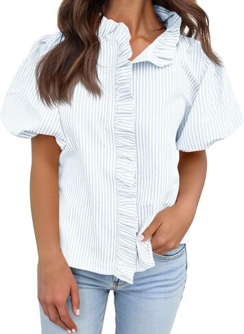 Tankaneo Womens Short Puff Sleeve Button Down Shirts Summer Ruffle Striped Work Tops Stand Collar Trendy Casual Loose Blouse in Saudi Arabia
