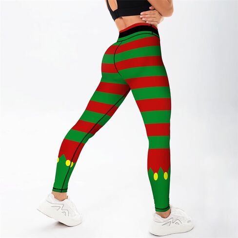 Womens High Waist Stripes Christmas Leggings Tummy Control Print Elastic Christmas Tights Pants Cute Xmas Leggings in Kuwait