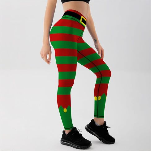 Womens High Waist Stripes Christmas Leggings Tummy Control Print Elastic Christmas Tights Pants Cute Xmas Leggings in Kuwait