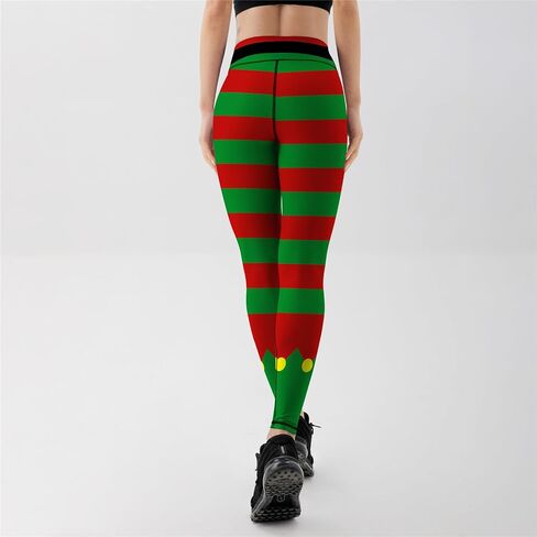 Womens High Waist Stripes Christmas Leggings Tummy Control Print Elastic Christmas Tights Pants Cute Xmas Leggings in Kuwait
