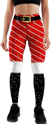 Womens High Waist Stripes Christmas Leggings Tummy Control Print Elastic Christmas Tights Pants Cute Xmas Leggings in Kuwait