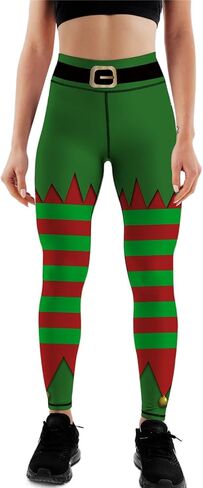 Womens High Waist Stripes Christmas Leggings Tummy Control Print Elastic Christmas Tights Pants Cute Xmas Leggings in Kuwait