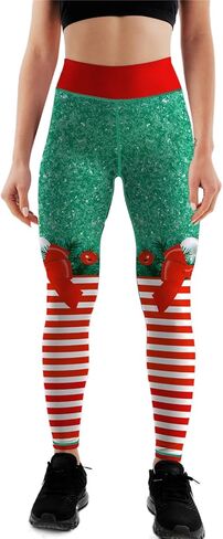 Womens High Waist Stripes Christmas Leggings Tummy Control Print Elastic Christmas Tights Pants Cute Xmas Leggings in Kuwait