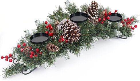 30" Christmas Table Centerpiece with 3 Candle Holders, Artificial Tabletop Xmas Decorations - Red Berries, Pine Cones and Steel Base Included, Christmas Centerpiece for Fireplace in Saudi Arabia