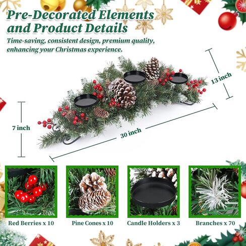 30" Christmas Table Centerpiece with 3 Candle Holders, Artificial Tabletop Xmas Decorations - Red Berries, Pine Cones and Steel Base Included, Christmas Centerpiece for Fireplace in Saudi Arabia