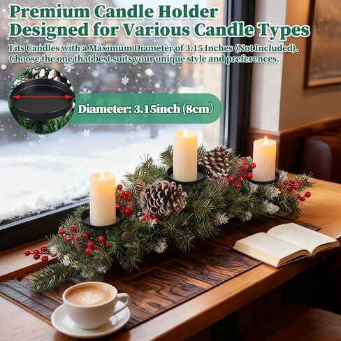 30" Christmas Table Centerpiece with 3 Candle Holders, Artificial Tabletop Xmas Decorations - Red Berries, Pine Cones and Steel Base Included, Christmas Centerpiece for Fireplace in Saudi Arabia