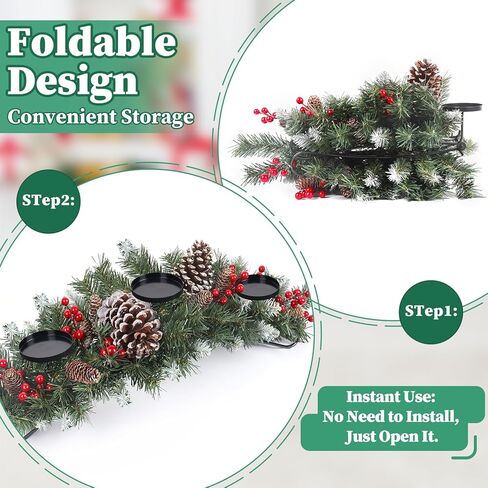30" Christmas Table Centerpiece with 3 Candle Holders, Artificial Tabletop Xmas Decorations - Red Berries, Pine Cones and Steel Base Included, Christmas Centerpiece for Fireplace in Saudi Arabia