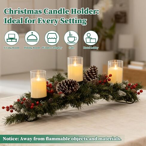 30" Christmas Table Centerpiece with 3 Candle Holders, Artificial Tabletop Xmas Decorations - Red Berries, Pine Cones and Steel Base Included, Christmas Centerpiece for Fireplace in Saudi Arabia