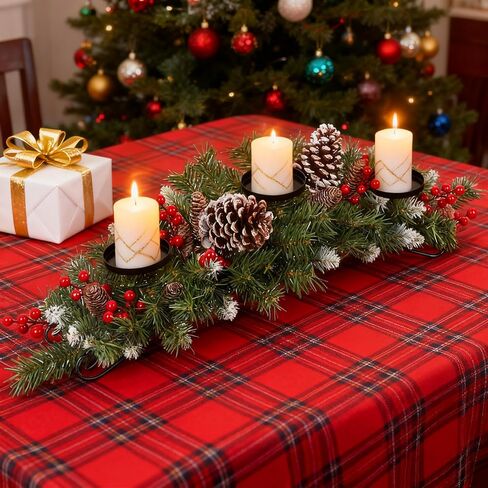 30" Christmas Table Centerpiece with 3 Candle Holders, Artificial Tabletop Xmas Decorations - Red Berries, Pine Cones and Steel Base Included, Christmas Centerpiece for Fireplace in Saudi Arabia