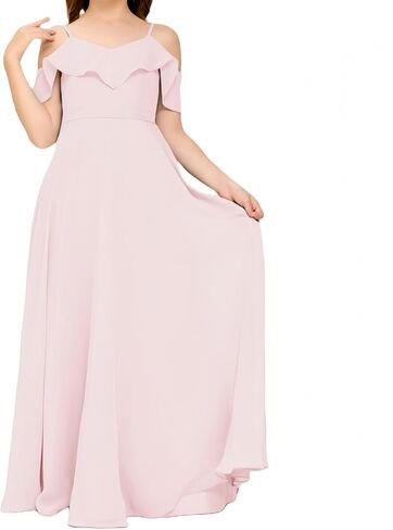 V Neck Junior Bridesmaid Dresses Long Off-Shoulder Chiffon Flower Girl Dress for Teen Girls Party Pageant Gowns in Saudi Arabia