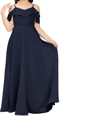 V Neck Junior Bridesmaid Dresses Long Off-Shoulder Chiffon Flower Girl Dress for Teen Girls Party Pageant Gowns in Saudi Arabia