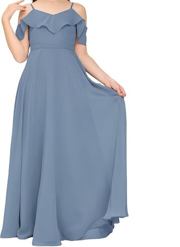 V Neck Junior Bridesmaid Dresses Long Off-Shoulder Chiffon Flower Girl Dress for Teen Girls Party Pageant Gowns in Saudi Arabia