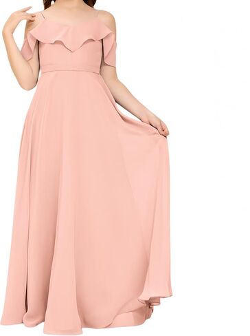 V Neck Junior Bridesmaid Dresses Long Off-Shoulder Chiffon Flower Girl Dress for Teen Girls Party Pageant Gowns in Saudi Arabia