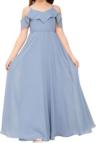 V Neck Junior Bridesmaid Dresses Long Off-Shoulder Chiffon Flower Girl Dress for Teen Girls Party Pageant Gowns in Saudi Arabia