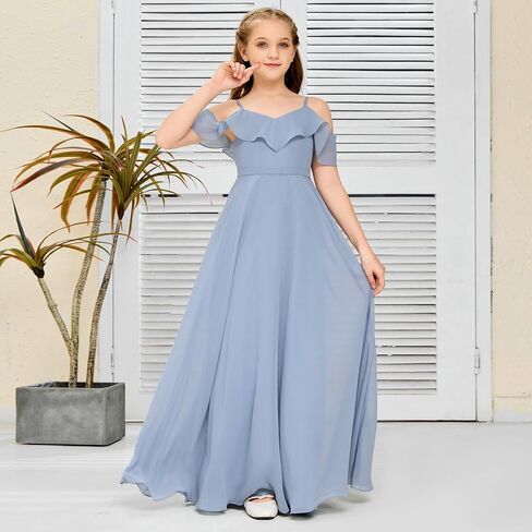 V Neck Junior Bridesmaid Dresses Long Off-Shoulder Chiffon Flower Girl Dress for Teen Girls Party Pageant Gowns in Saudi Arabia