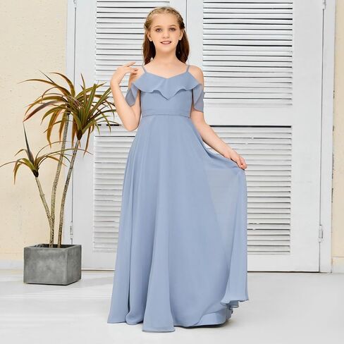 V Neck Junior Bridesmaid Dresses Long Off-Shoulder Chiffon Flower Girl Dress for Teen Girls Party Pageant Gowns in Saudi Arabia