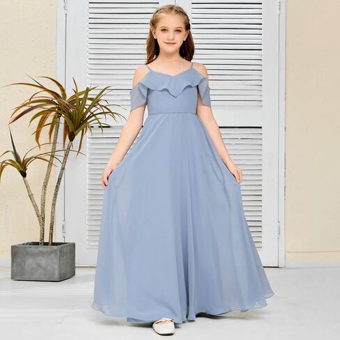 V Neck Junior Bridesmaid Dresses Long Off-Shoulder Chiffon Flower Girl Dress for Teen Girls Party Pageant Gowns in Saudi Arabia