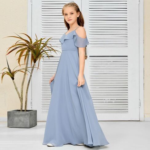 V Neck Junior Bridesmaid Dresses Long Off-Shoulder Chiffon Flower Girl Dress for Teen Girls Party Pageant Gowns in Saudi Arabia