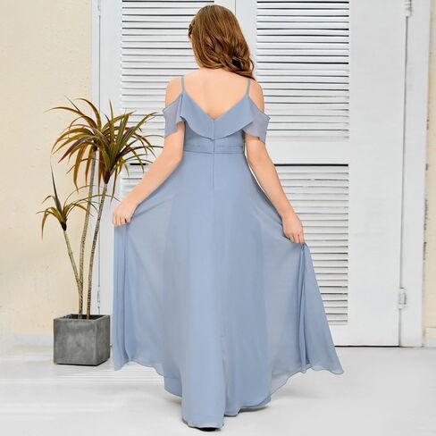 V Neck Junior Bridesmaid Dresses Long Off-Shoulder Chiffon Flower Girl Dress for Teen Girls Party Pageant Gowns in Saudi Arabia
