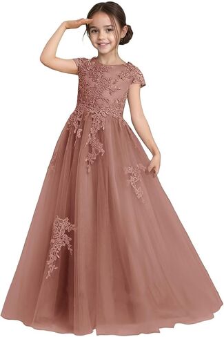 Flower Girl Dress for Wedding Lace Applique Tulle Cap Sleeves Crew Neck Satin A-Line Long Puffy Pageant Ball Gowns in Saudi Arabia