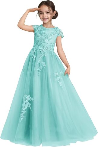 Flower Girl Dress for Wedding Lace Applique Tulle Cap Sleeves Crew Neck Satin A-Line Long Puffy Pageant Ball Gowns in Saudi Arabia