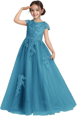 Flower Girl Dress for Wedding Lace Applique Tulle Cap Sleeves Crew Neck Satin A-Line Long Puffy Pageant Ball Gowns in Saudi Arabia