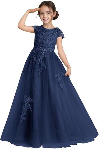 Flower Girl Dress for Wedding Lace Applique Tulle Cap Sleeves Crew Neck Satin A-Line Long Puffy Pageant Ball Gowns in Saudi Arabia