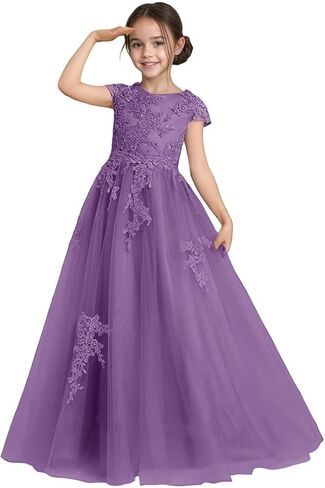 Flower Girl Dress for Wedding Lace Applique Tulle Cap Sleeves Crew Neck Satin A-Line Long Puffy Pageant Ball Gowns in Saudi Arabia