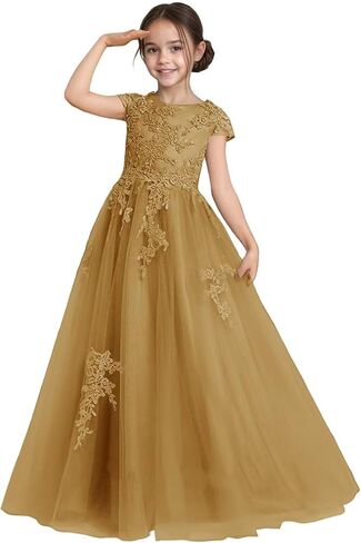 Flower Girl Dress for Wedding Lace Applique Tulle Cap Sleeves Crew Neck Satin A-Line Long Puffy Pageant Ball Gowns in Saudi Arabia