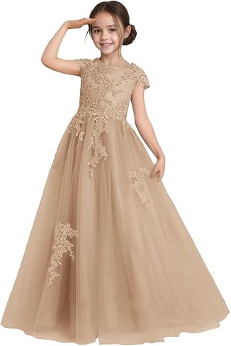 Flower Girl Dress for Wedding Lace Applique Tulle Cap Sleeves Crew Neck Satin A-Line Long Puffy Pageant Ball Gowns in Saudi Arabia