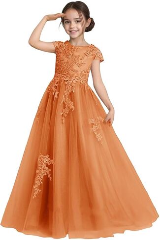 Flower Girl Dress for Wedding Lace Applique Tulle Cap Sleeves Crew Neck Satin A-Line Long Puffy Pageant Ball Gowns in Saudi Arabia