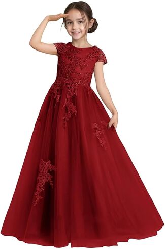 Flower Girl Dress for Wedding Lace Applique Tulle Cap Sleeves Crew Neck Satin A-Line Long Puffy Pageant Ball Gowns in Saudi Arabia